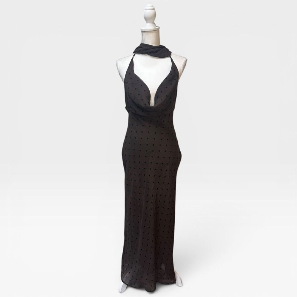 Zara S Brown Flocked Polka Dot Halter Maxi Dress Open Back Scarf Neck